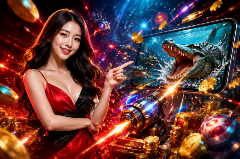 Cảnh chơi game bắn cá sấu với súng năng lượng ngắm mục tiêu cá sấu trong đấu trường dưới nước