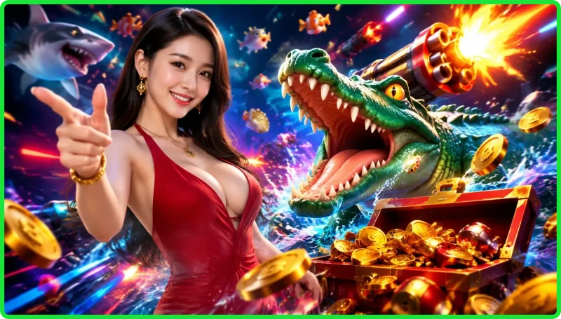 Cảnh chơi game bắn cá sấu với súng năng lượng ngắm mục tiêu cá sấu trong đấu trường dưới nước