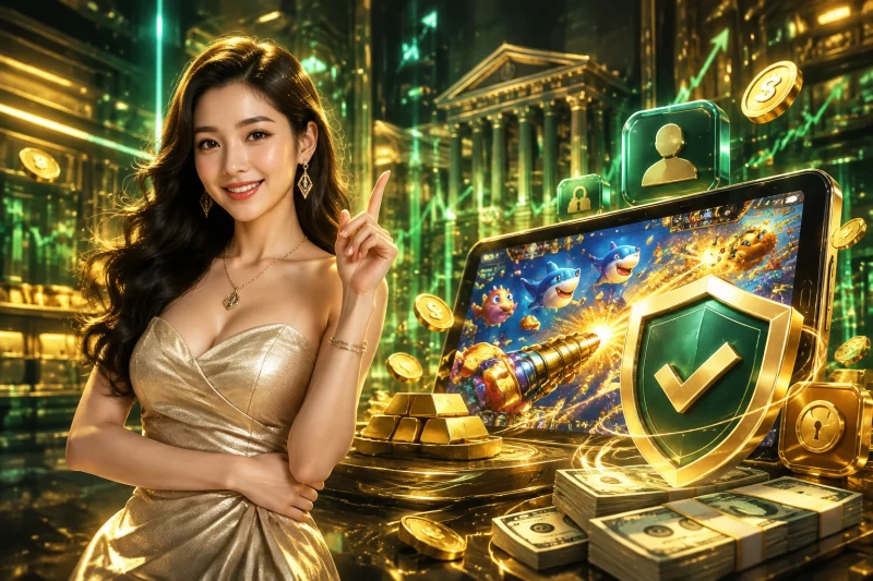Kính lúp phóng to giao diện game bắn cá cùng các biểu tượng khiên và cảnh báo nhận biết game không an toàn