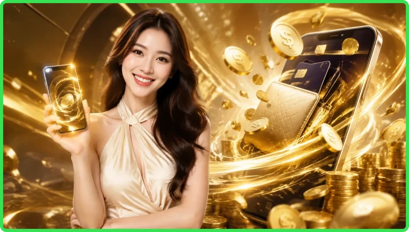 Minh họa tổng quan quy trình nạp tiền qua điện thoại với giao diện đăng nhập và ví điện tử phát sáng